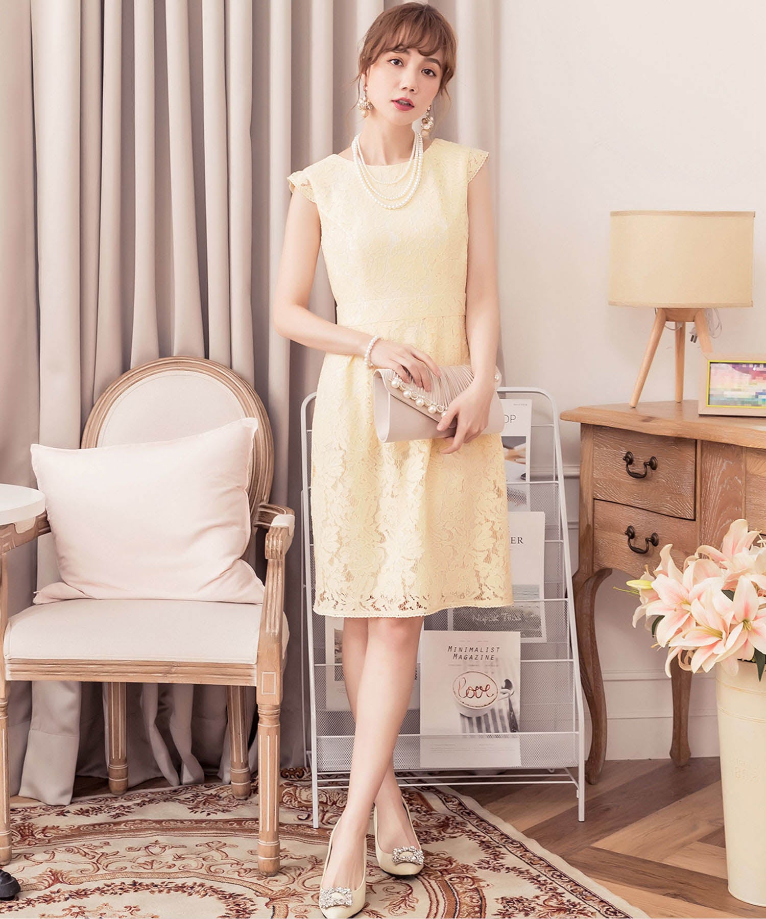 バックリボン＆総レースワンピース＆スカートの結婚式ワンピース・お呼ばれパーティードレスcy88179-s-beige