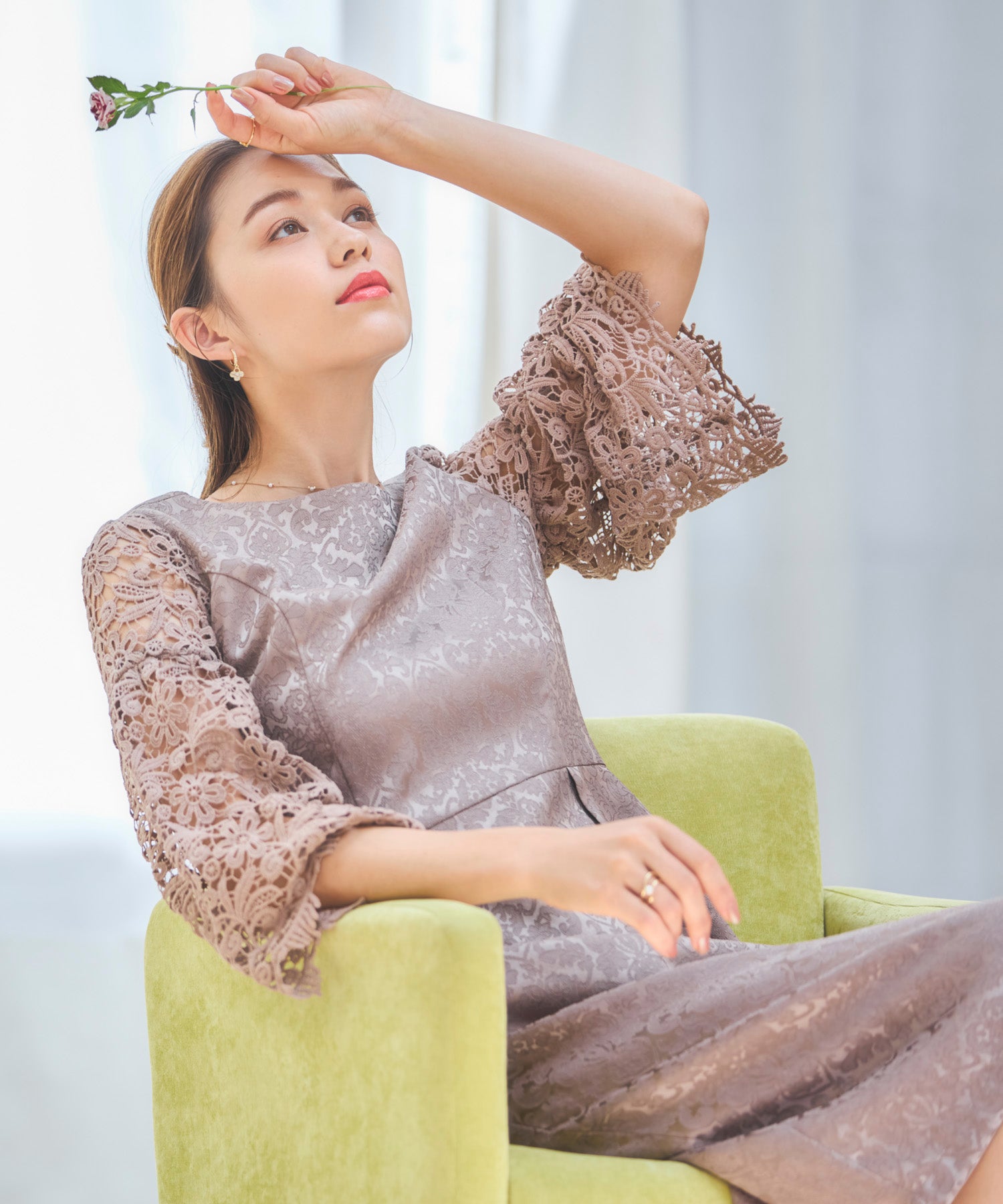 レース七分袖×ダマスク柄ワンピースドレス結婚式ワンピース・お呼ばれパーティードレスcy88218
