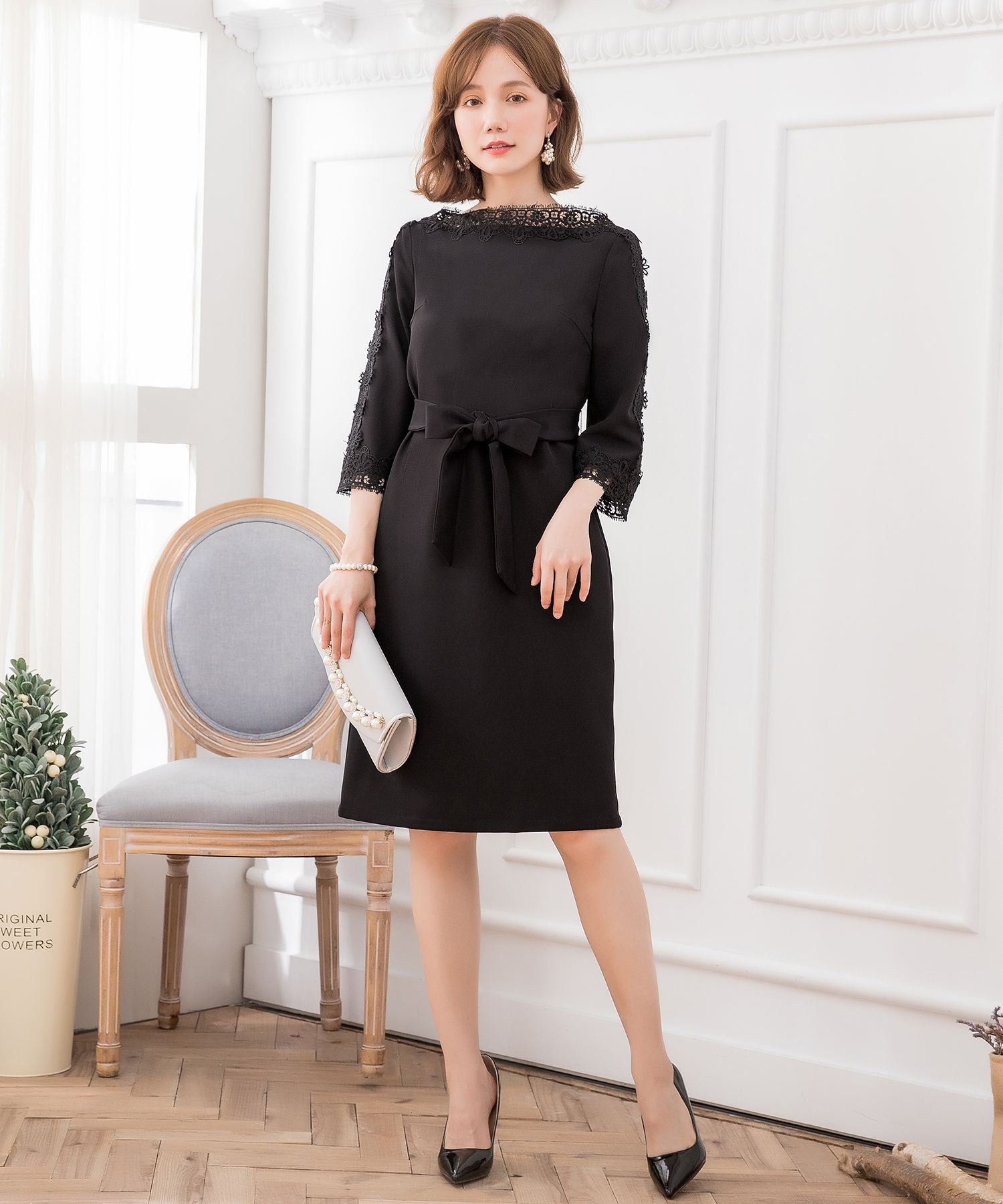 レース7分袖＆デコルテ刺繍ワンピースドレス・結婚式ワンピース・お呼ばれパーティードレスcy88221-s-black