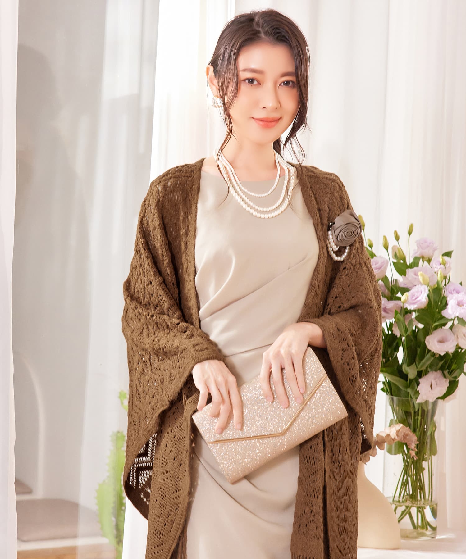 ボレロ レース ロング丈 パーティー コサージュ付きcy88569-101-17