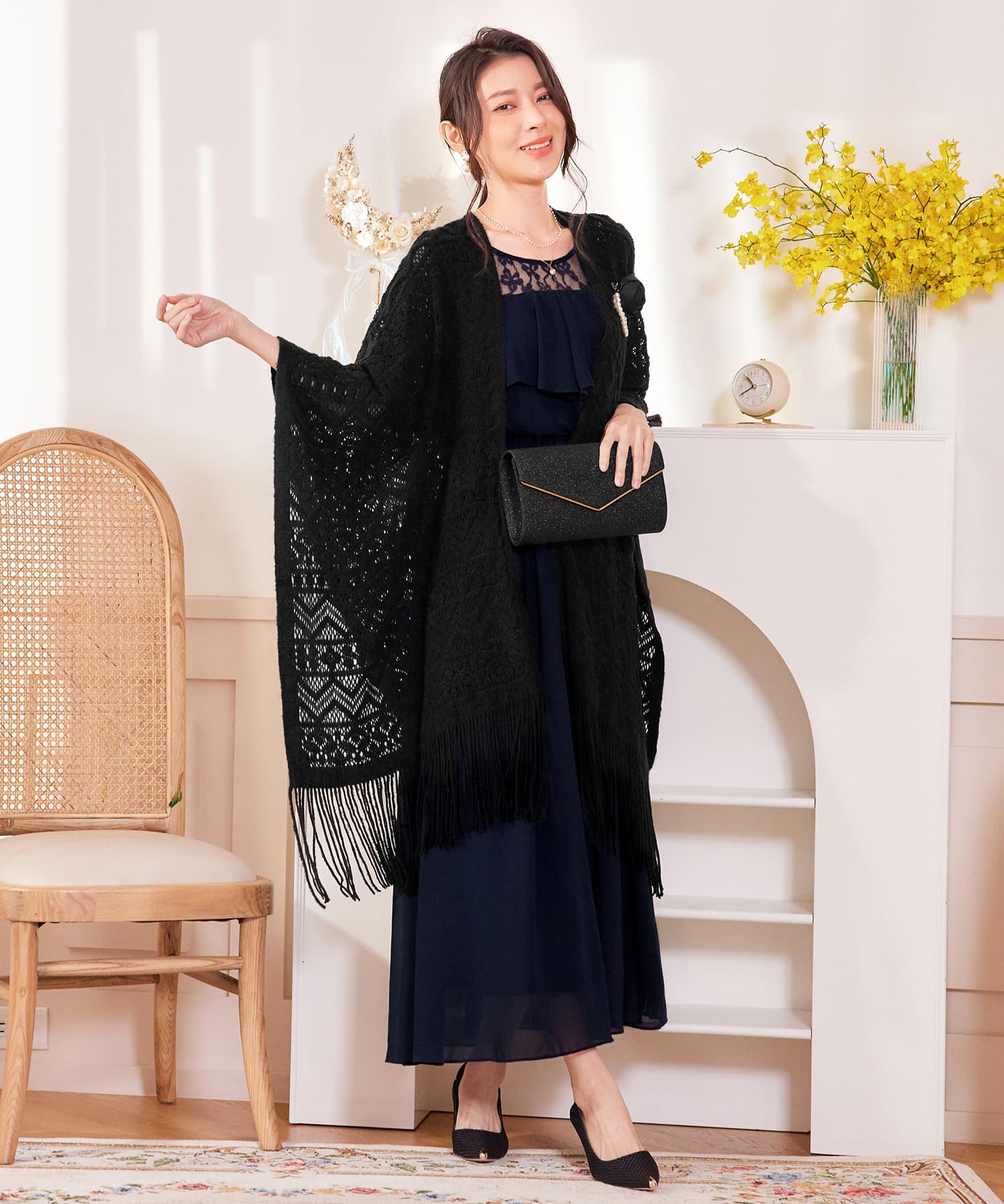 ボレロ レース ロング丈 パーティー コサージュ付きcy88569-101-8