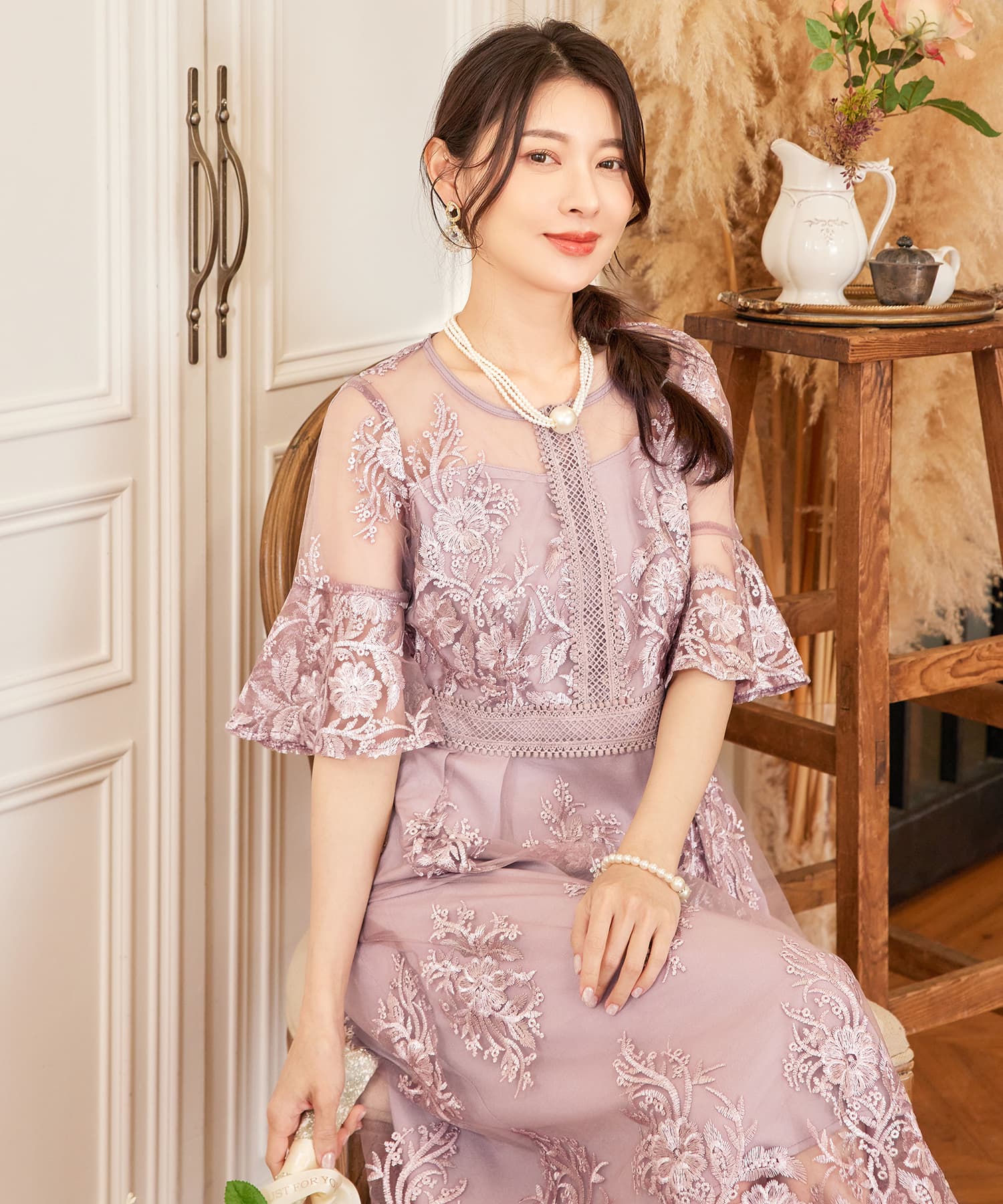 ワンピース ドレス 総レース ミモレ丈 結婚式cy88590