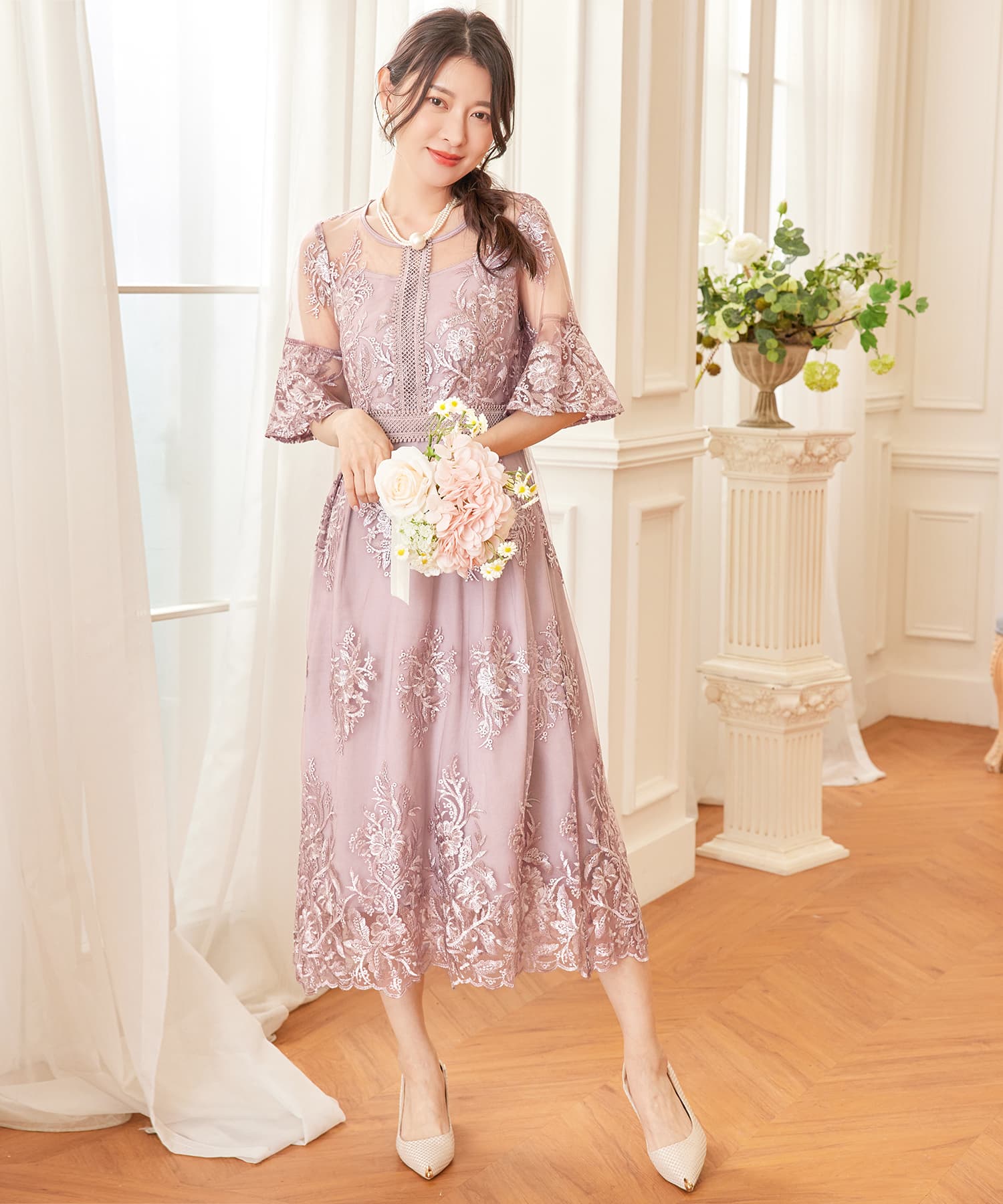 ワンピース ドレス 総レース ミモレ丈 結婚式cy88590