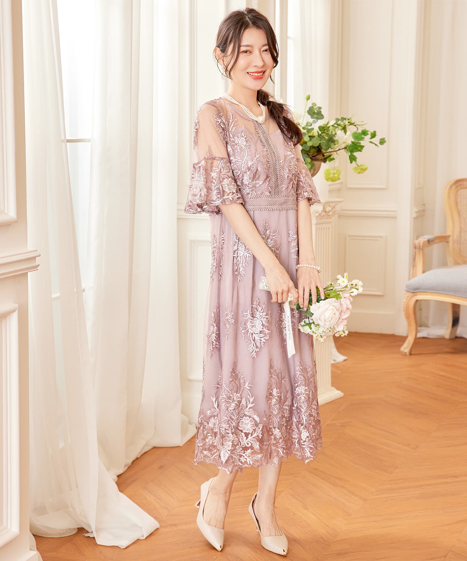 ワンピース ドレス 総レース ミモレ丈 結婚式cy88590