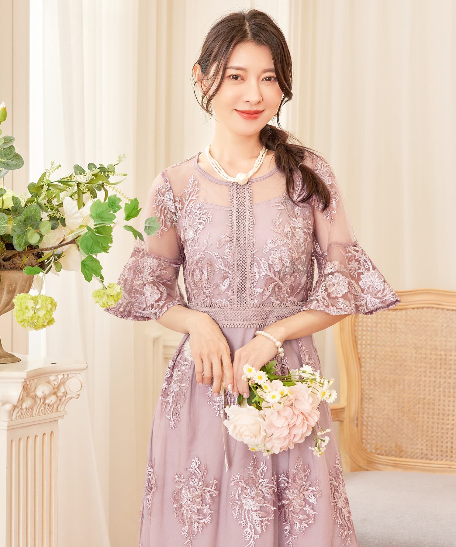 ワンピース ドレス 総レース ミモレ丈 結婚式cy88590