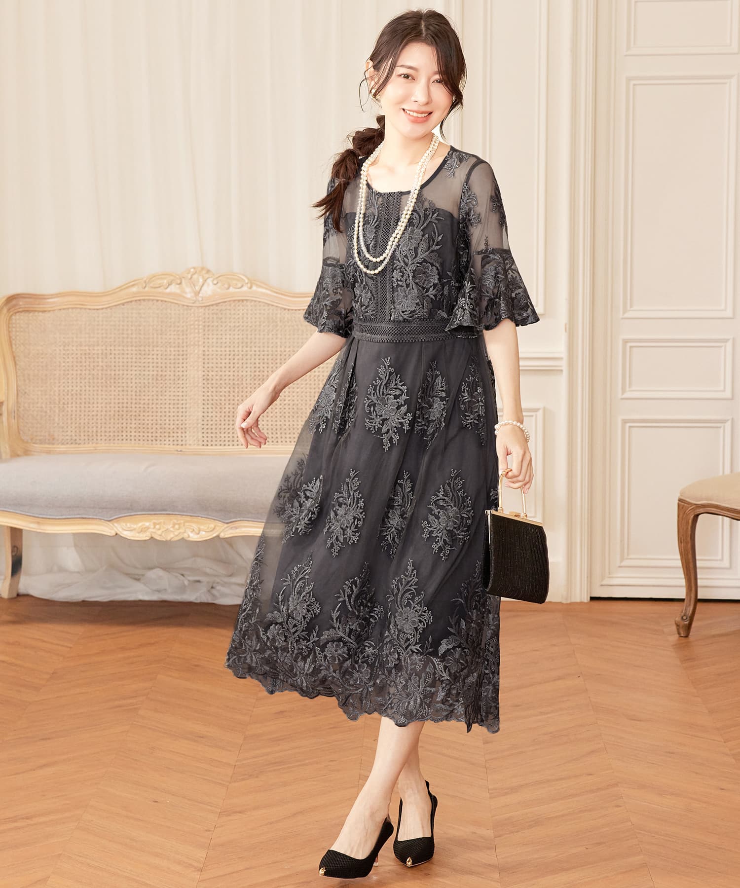 ワンピース ドレス 総レース ミモレ丈 結婚式cy88590