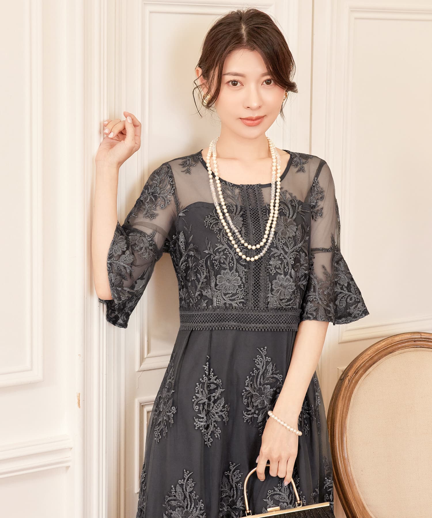 ワンピース ドレス 総レース ミモレ丈 結婚式cy88590