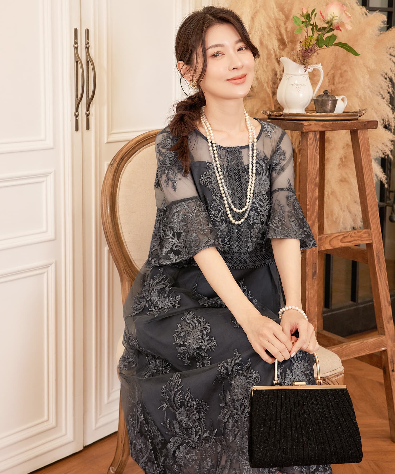 ワンピース ドレス 総レース ミモレ丈 結婚式cy88590