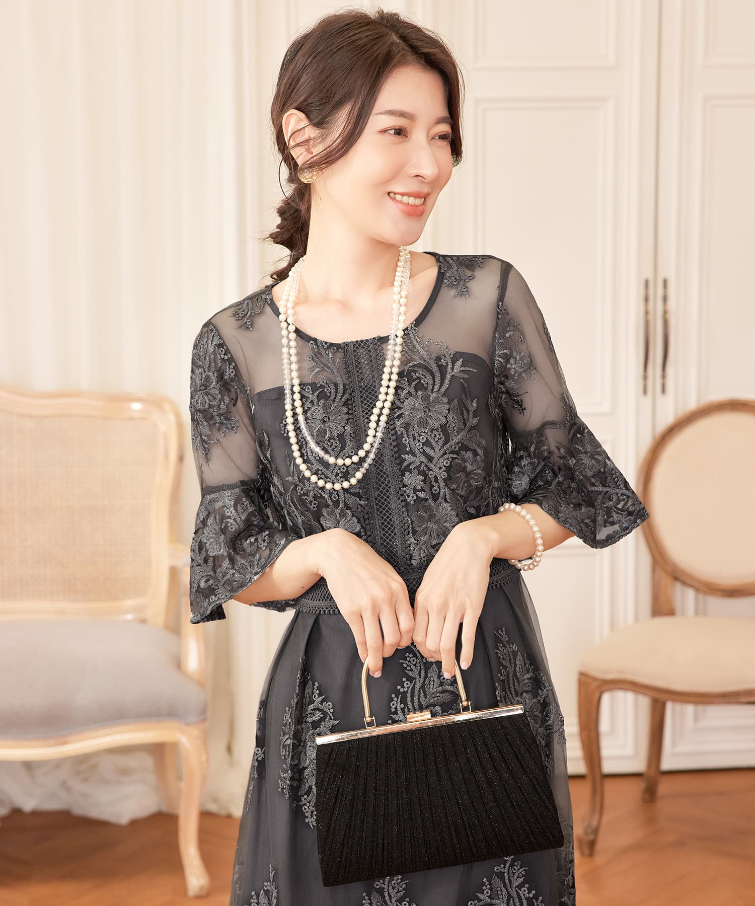 ワンピース ドレス 総レース ミモレ丈 結婚式cy88590