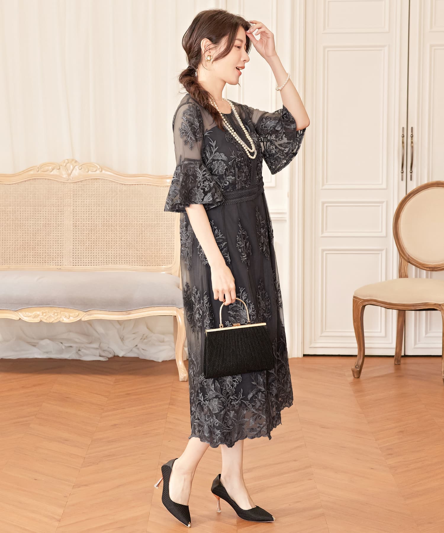 ワンピース ドレス 総レース ミモレ丈 結婚式cy88590
