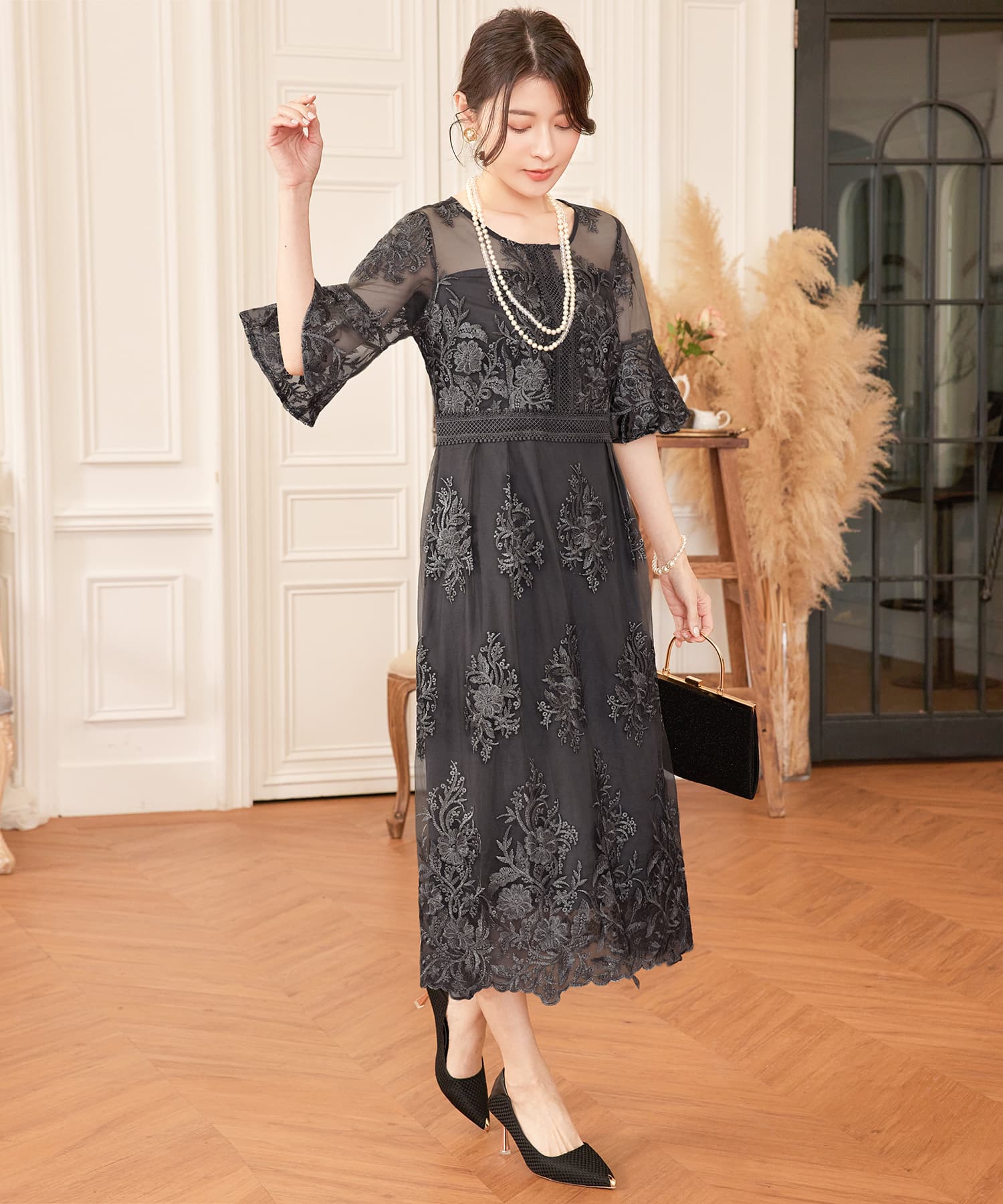 ワンピース ドレス 総レース ミモレ丈 結婚式cy88590