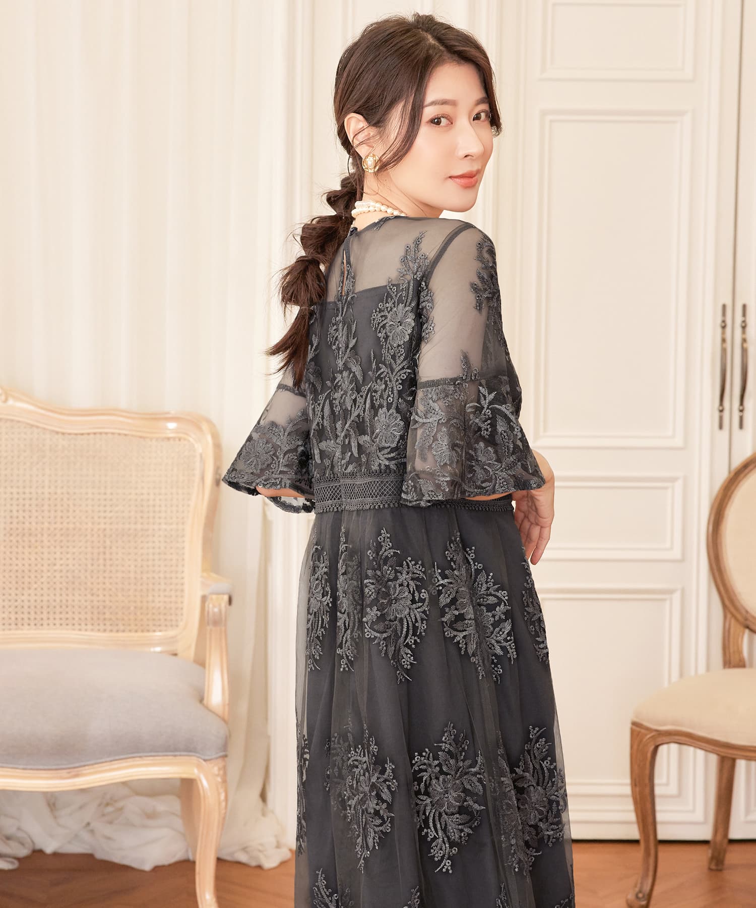 ワンピース ドレス 総レース ミモレ丈 結婚式cy88590
