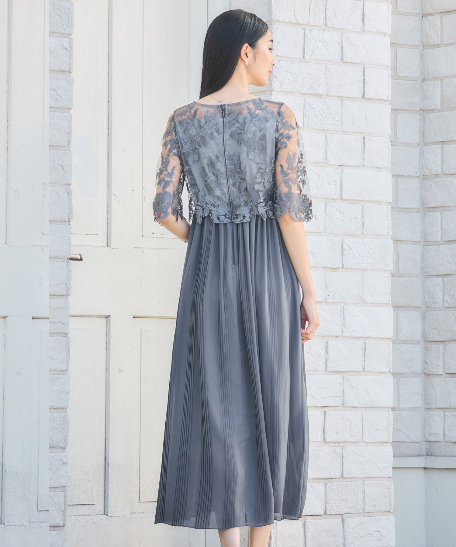ワンピース ドレス レース プリーツ 結婚式 レース袖dsm0116