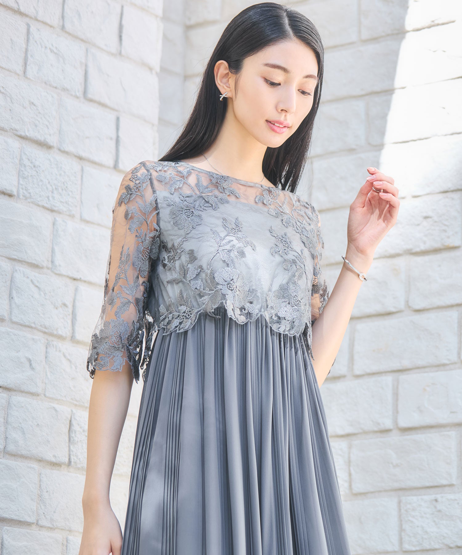 ワンピース ドレス レース プリーツ 結婚式 レース袖dsm0116