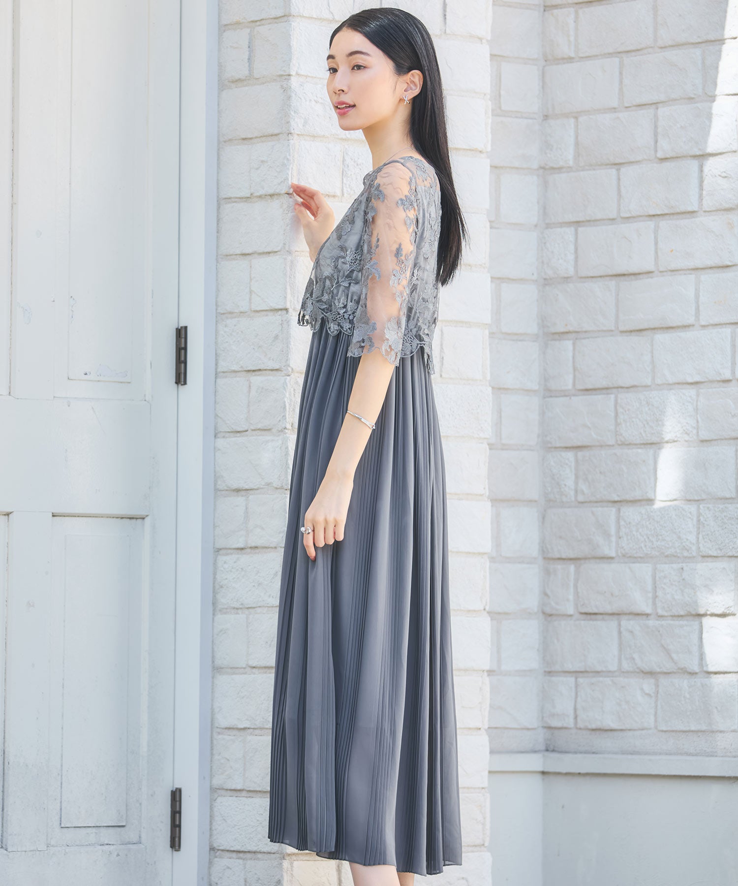 ワンピース ドレス レース プリーツ 結婚式 レース袖dsm0116
