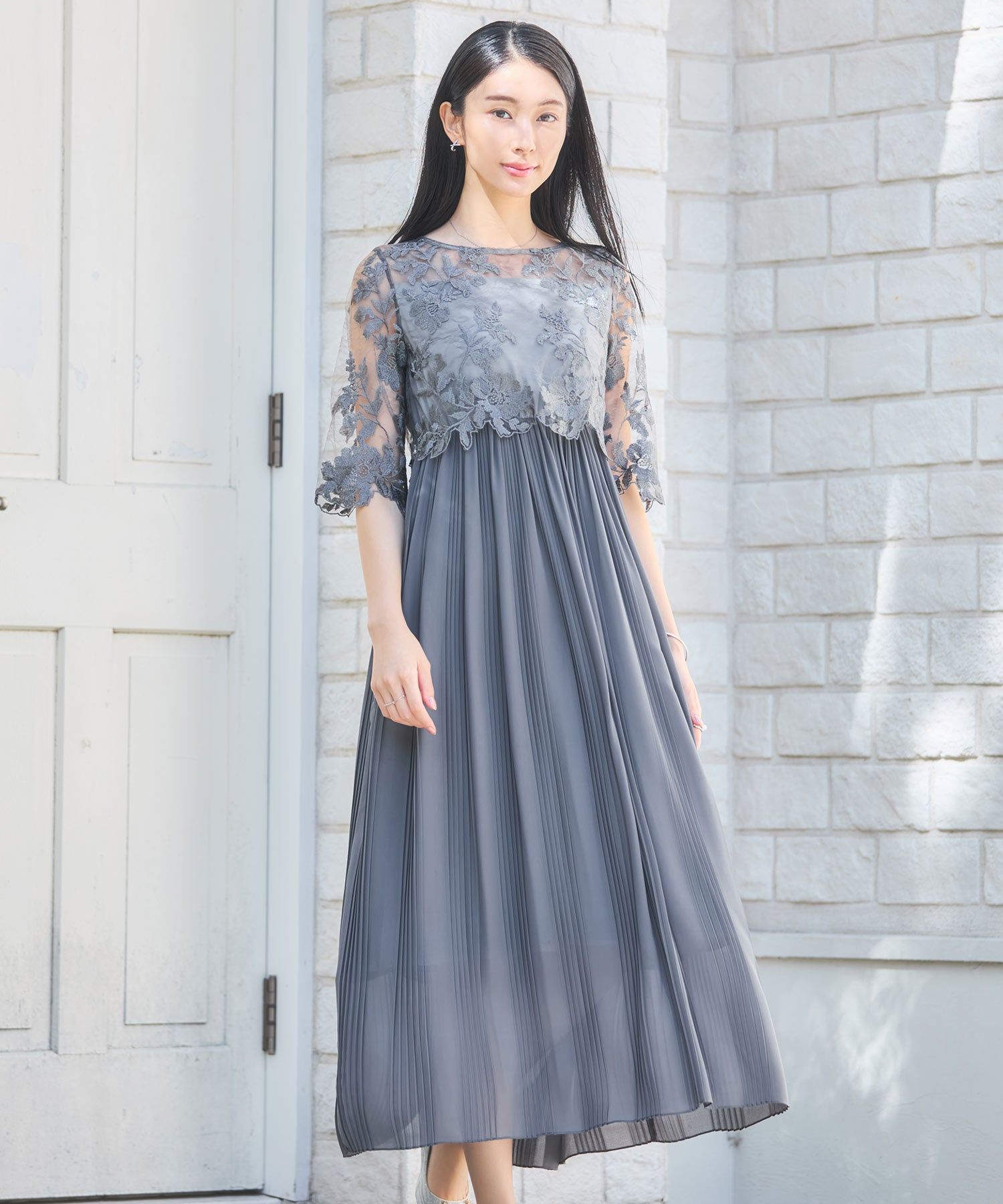 ワンピース ドレス レース プリーツ 結婚式 レース袖dsm0116-102-2