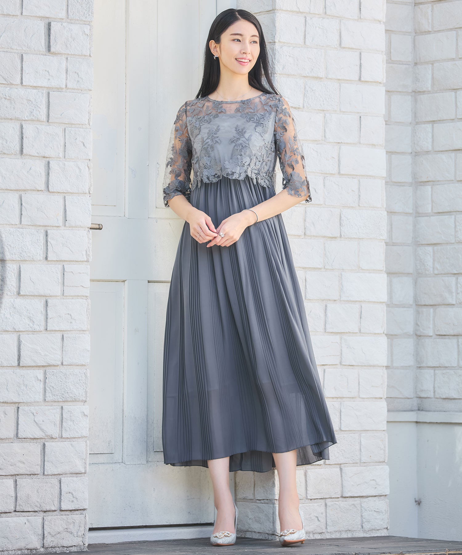 ワンピース ドレス レース プリーツ 結婚式 レース袖dsm0116