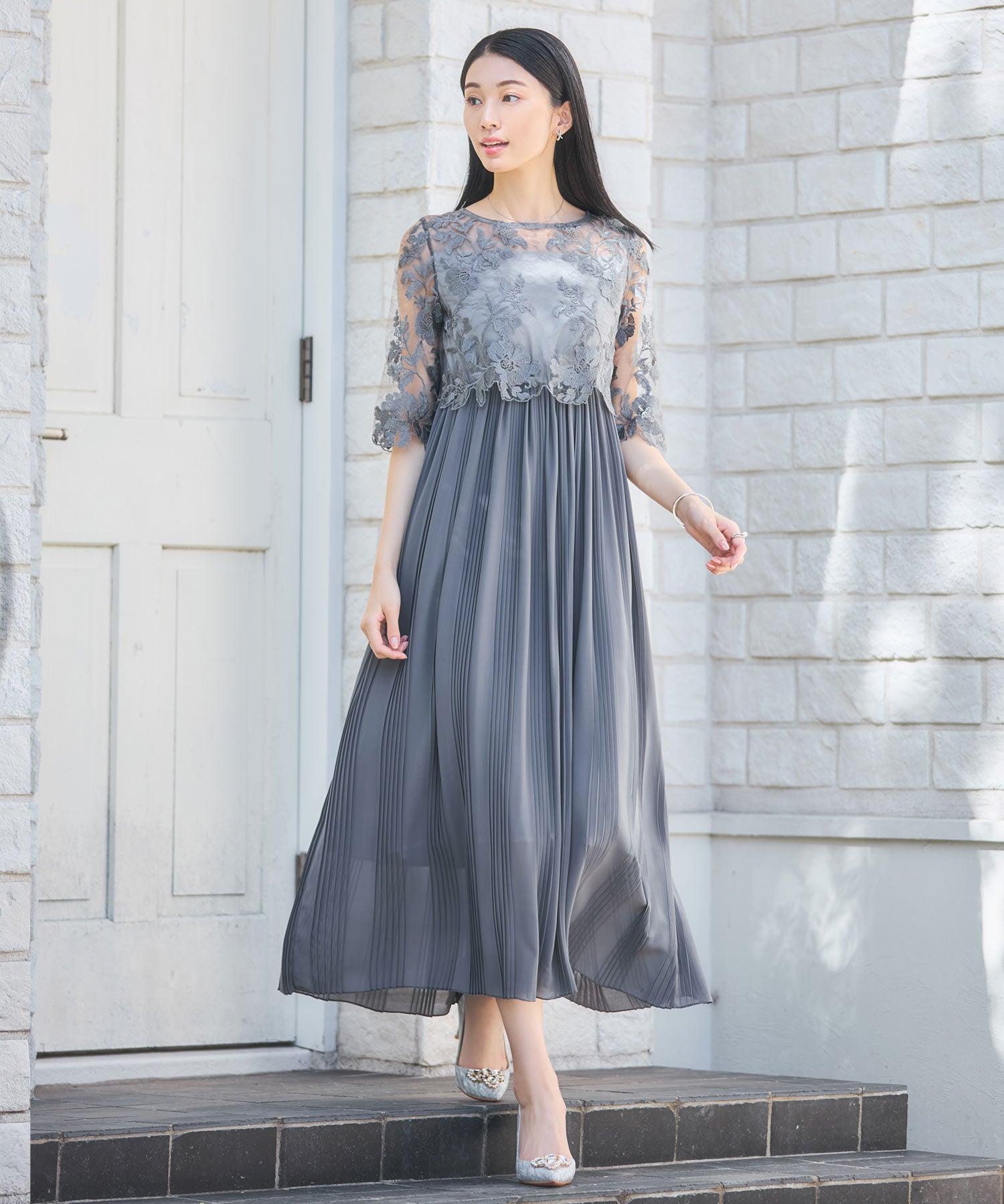 ワンピース ドレス レース プリーツ 結婚式 レース袖dsm0116