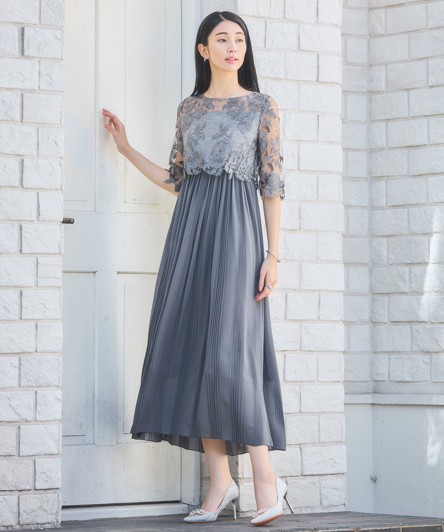 ワンピース ドレス レース プリーツ 結婚式 レース袖dsm0116