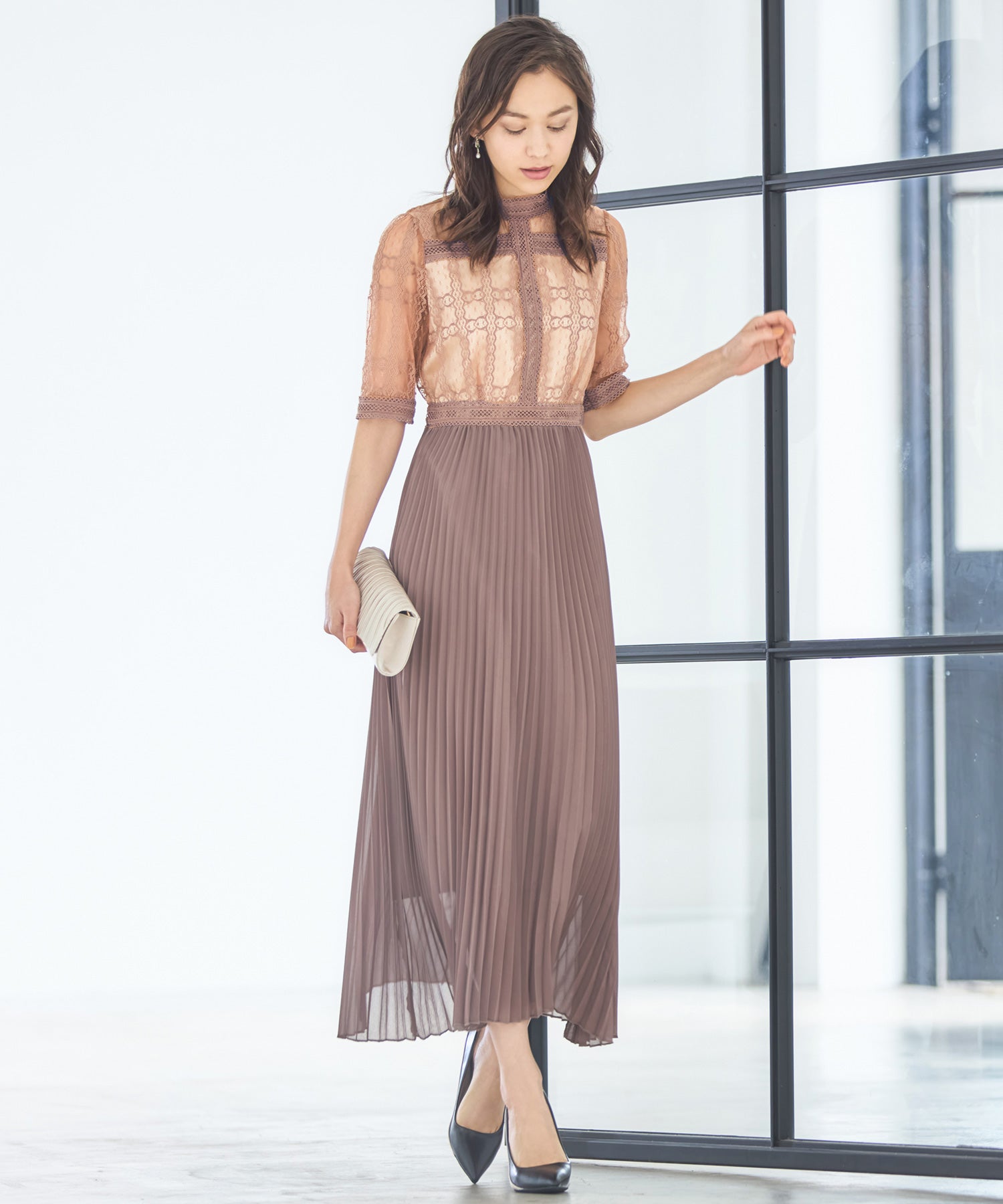 ワンピース ドレス シアー素材 レース プリーツ ミモレ丈 袖ありパーティードレス dsn0089-104-17