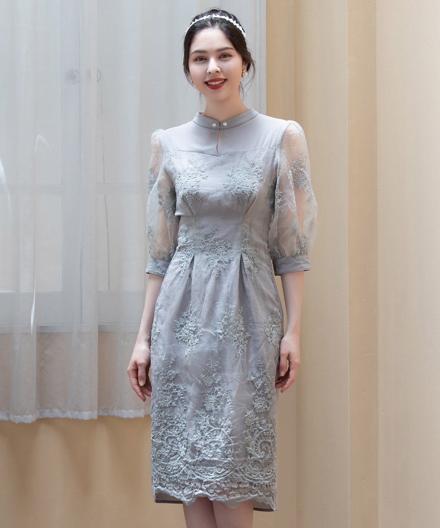 ドレス 結婚式 披露宴 タイト Iライン 膝丈 レース 袖付き パーティードレスdsz0055-106-4