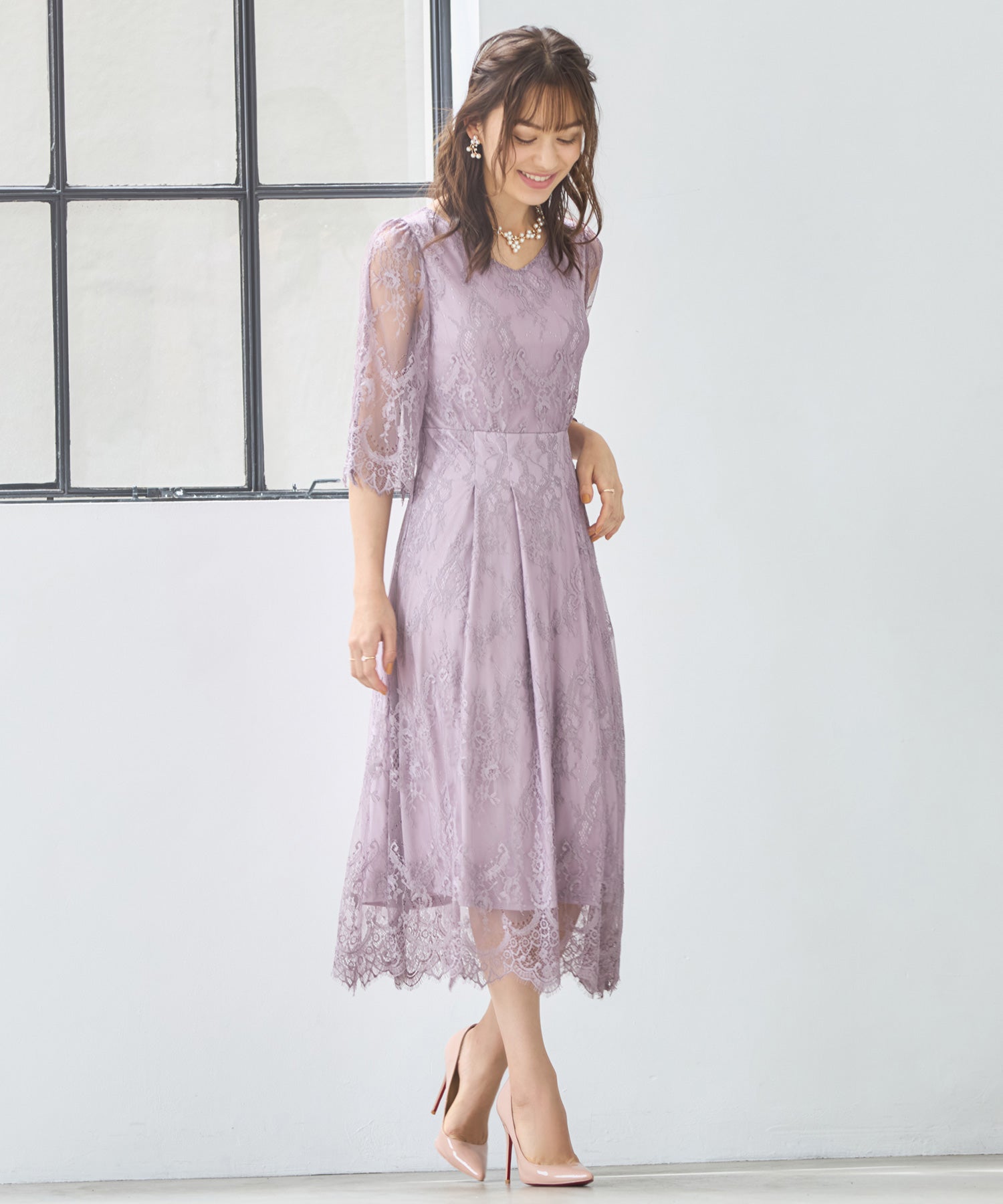ワンピース ドレス 総レース Aライン ミモレ丈 結婚式 披露宴  パーティードレスdsz0078-105-100